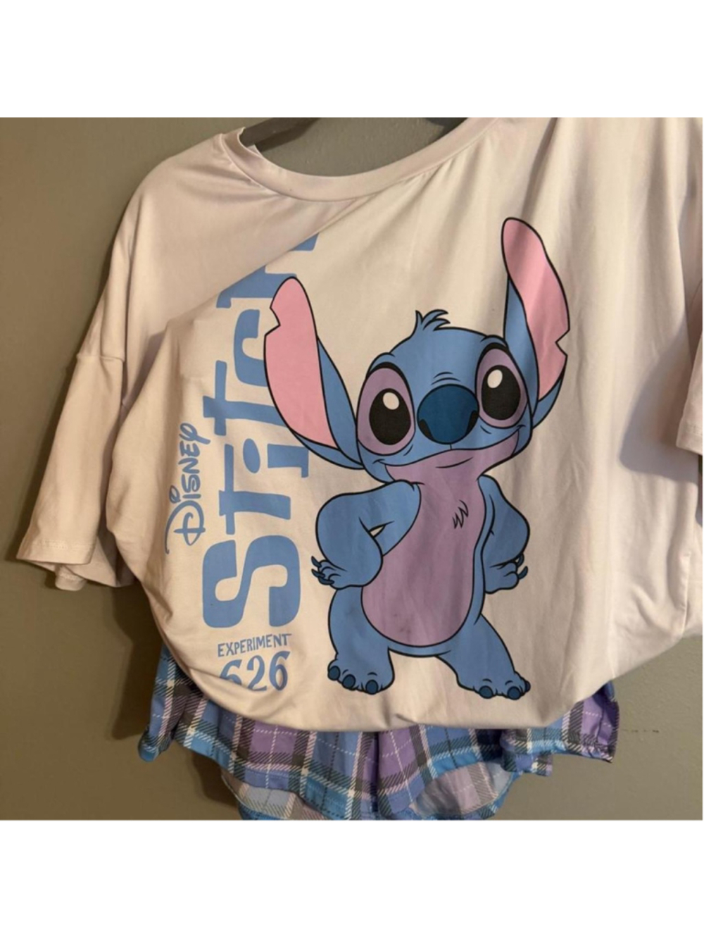 Disney Stitch 626 pajama set, size L 12–14, oversized graphic tee + blue purple